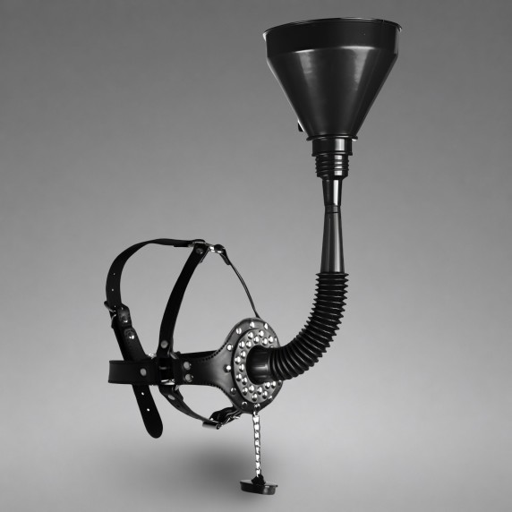 Open Mouth Gag Head Harness with Funnel - Black